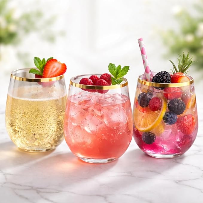 Oojami 48 piece Stemless Unbreakable Crystal Clear Plastic Wine Glasses Set of 48 Small (10 Ounce - Gold Rim)