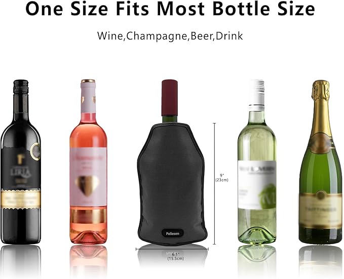 Pallesen Portable Wine Cooler Sleeve - Reusable Bottle Chiller Keeps Red, White & Champagne Cool for 750ml Standard Size Bottles (Black)