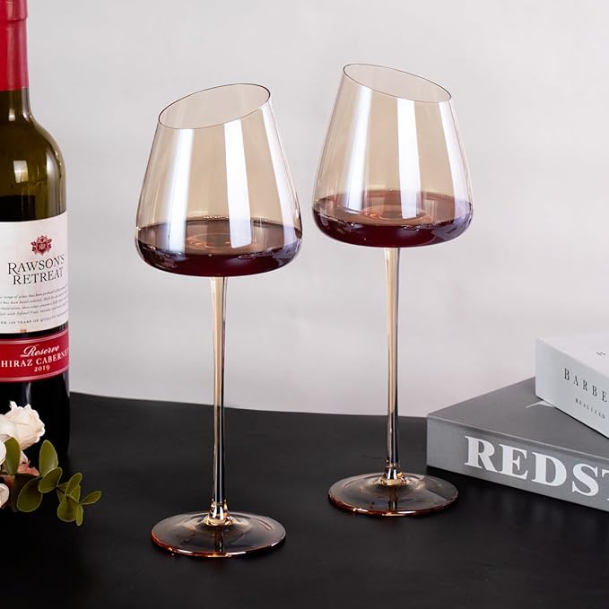 KAMMAK Wine Glasses Set of 2, 16.06 oz Hand Blown Crystal Bordeaux Wine Glasses, Thin Rim & Long Stem, Perfect for Red & White, Daily Use, Wedding or Birthday Gift with Gift Box, XH-H280 Amber