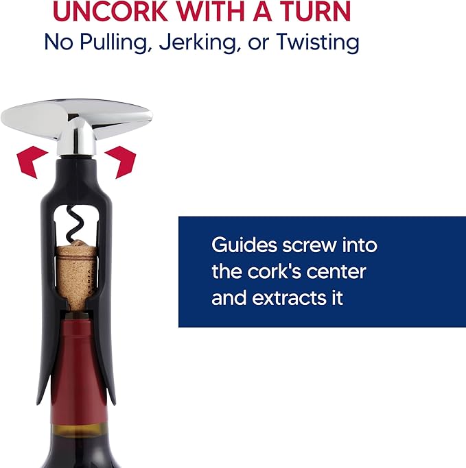 HIC Kitchen Bar Soft-Touch Winged Corkscrew, Easy Removal For Natural And Synthetic Corks, Extra-Long Worm, Built-In Bottle Opener, Wine Accessory