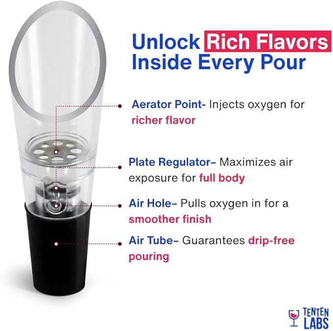 TenTen Labs Premium Wine Aerator Pourer and Wine Stopper (2-pack) - Bottle Stopper - Comes with Gift Box (Red)