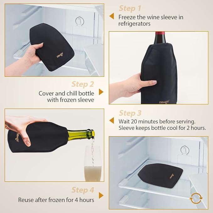 NEWGO Wine Cooler Sleeve Reusable Wine Bottle Cooler Flexible Wine Ice Pack Sleeve Keep Wine Cool and Refreshing for Standard Size Bottles for Red Wine, White Wine & Champagne - Black (Pack of 2)