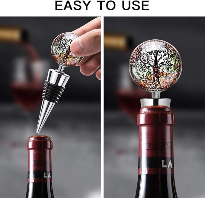Soleebee 3 Pack Decorative Wine Stoppers, Wine Bottle Stopper with Beautiful Art Glass, Reusable Beverage Bottle Stoppers for Bar, Gifts, Holiday Party, Kitchen Decor (Tree of Life)