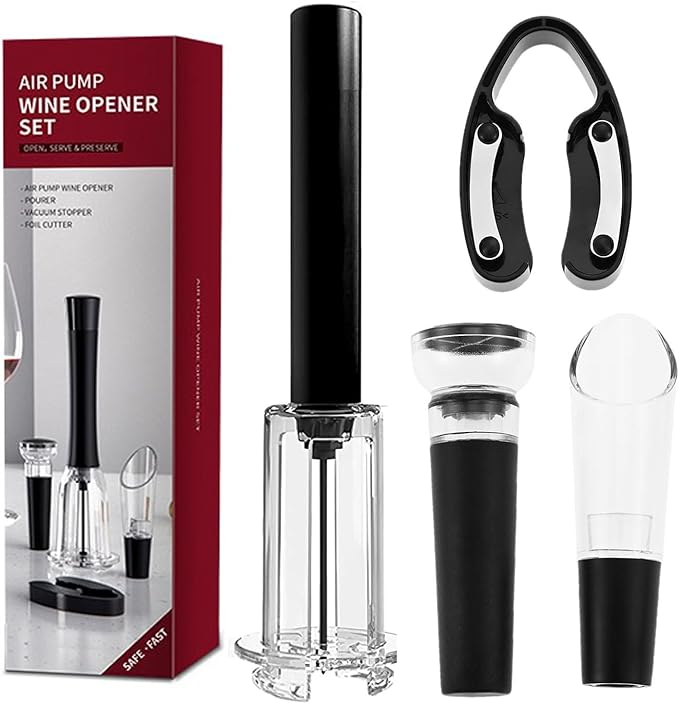 4pcs Wine Opener Set,4 in 1 Air Pressure Wine Bottle Opener Set Including Foil Cutter,Vacuum Stopper,Wine Pourer,Efficient Corkscrew Bottle Opener Without Damaging Corks