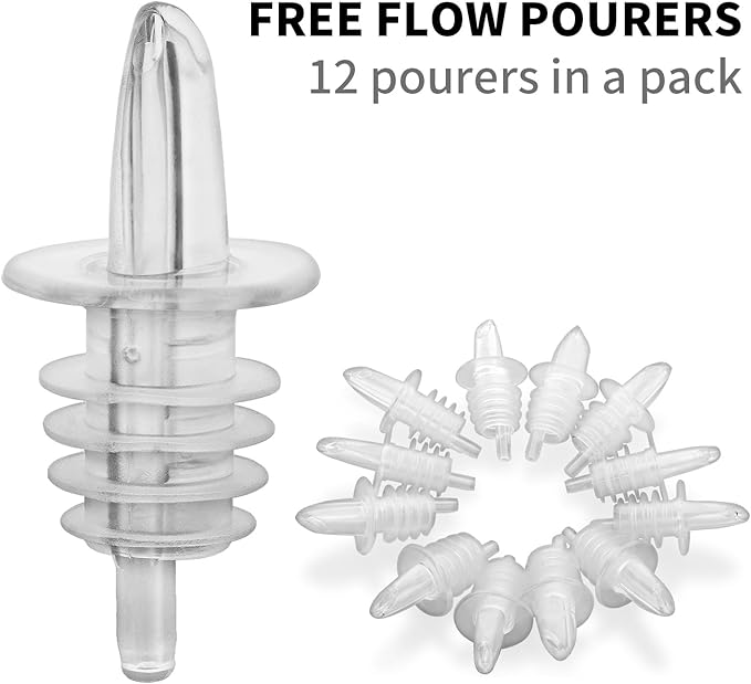 Plastic Liquor Bottle Pourers Black- 12 Pack Classic Bottle Pourers for Alcohol, Leak-Proof, Dishwasher-Safe Pour Spouts for Liquor Bottles (Clear)