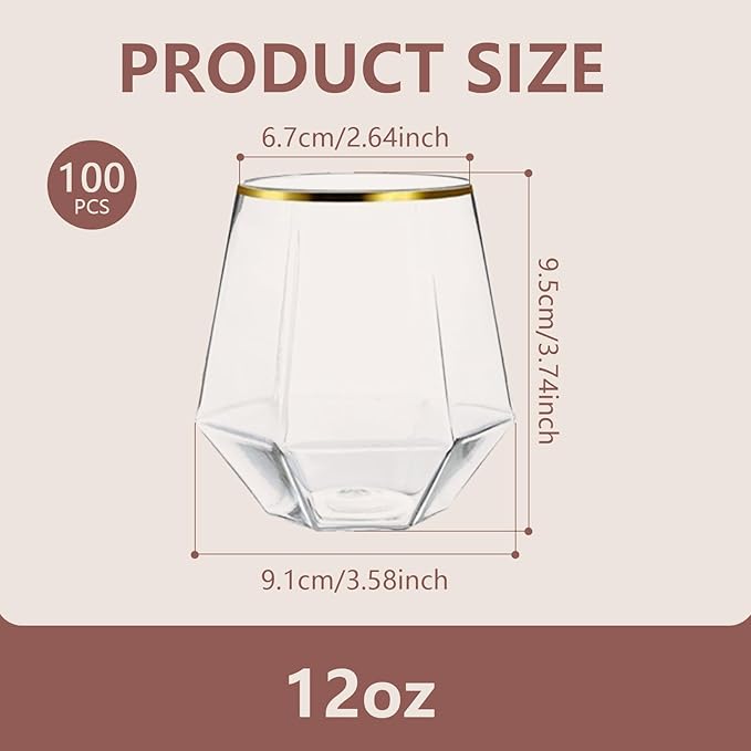 100 Pcs 12 Oz Plastic Wine Cups Gold Rim Plastic Diamond Wine Glass Disposable Stemless Wine Glasses Unbreakable Diamond Wine Glasses for Housewarming Birthday Party Wedding