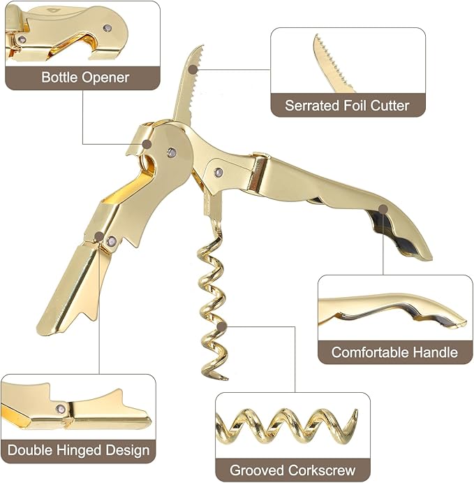 uxcell 4Pcs 5" Wine Openers Waiter Corkscrew Professional Red Wine Bottle Opener Double Hinged with Foil Cutter for Servers Bartender, Gold