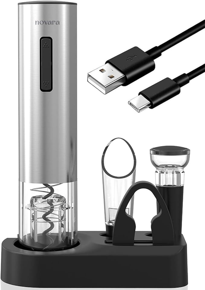 Novara Electric Wine Opener Set 4-in-1 | Rechargeable Corkscrew with Vacuum Stopper, Foil Cutter & Pourer | Automatic Bottle Opener Gift for Wine Lovers
