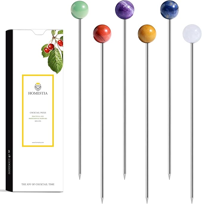 Homestia 6PCS Crystal Cocktail Picks, 4.6" Colorful Natural Gemstone Martini Sticks, Reusable Metal Olive Skewers Cocktail Pins Garnish Picks for Cocktails Drinks Party