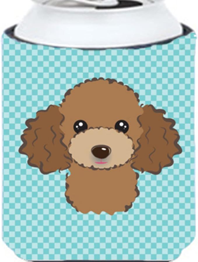 Caroline's Treasures BB1194CC Checkerboard Blue Chocolate Brown Poodle Can or Bottle Hugger Cooler Washable Drink Sleeve Collapsible Beverage Insulated Holder, Can Hugger, Multicolor