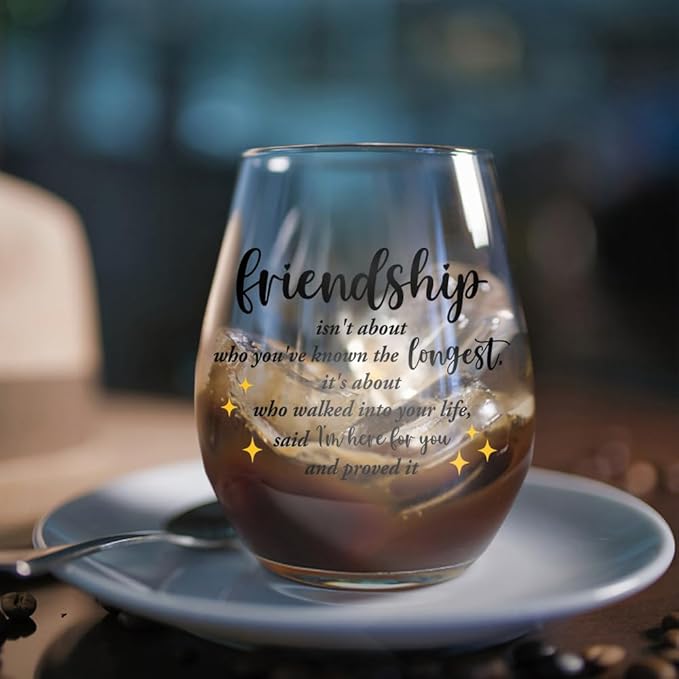 DYJYBMY Friendship Isn't About Who You've Known The Longest Stemless Wine Glass With Gifts Box, Friendship Wine Tumbler, Housewarming Parting Gifts For Long Distance Friend Confidant Bestie