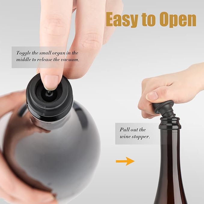 OWO Wine Stoppers Vacuum, Wine Saver, Reusable Bottle Sealer, Keeps Fresh, Black, 4 Pack