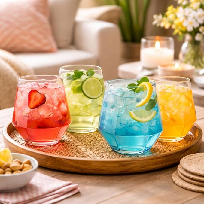 Oojami 40 Pack Diamond Plastic Wine Glasses 12oz Stemless Disposable Wine Cups - Shatterproof Unbreakable Reusable Recyclable BPA-Free Champagne Cocktail Whiskey for Parties, Weddings, Birthday