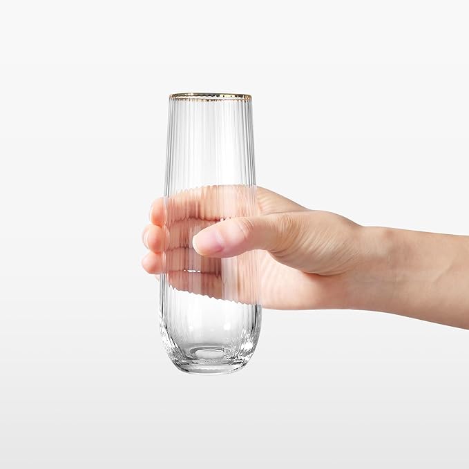 Royalrose Premium Ribbed 10 Oz Sparkling Wine Glassware with Gold Rim, Vintage Style Clear Glasses for Mimosa, Wine, Cocktails, Juice, Home Bar, Set of 4 (Stemless Champagne Flutes)