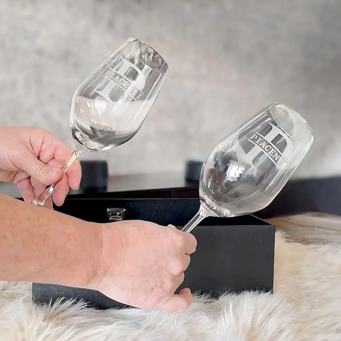 Custom Wine Glasses Set - 6pc Engraved Wine Glasses with Electric Opener, Wine Accessories, and Luxury Box