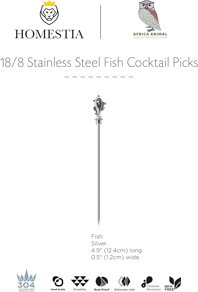 Homestia Fish Cocktail Picks, 6PCS Stainless Steel Vintage Fish Martini Picks 4.6 Inch, Reusable Metal Drink Skewers for Cocktails, Olives, Appetizers, Nautical Bar Accessories
