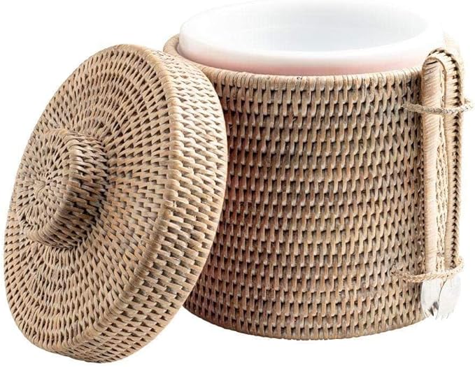 Caspari White Natural Rattan Ice Bucket with Matching Tongs – 1 Each