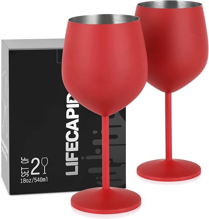 Lifecapido Stainless Steel Wine Glasses Set of 2, 18oz Stainless Steel Wine Goblets, Stemmed Metal Wine Glasses with Cup Brush for Party Office Wedding Anniversary, Great for Red White Wine (Red)