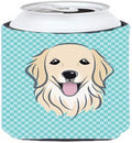 Caroline's Treasures BB1143CC Checkerboard Blue Golden Retriever Can or Bottle Hugger Cooler Washable Drink Sleeve Collapsible Beverage Insulated Holder, Can Hugger, Multicolor