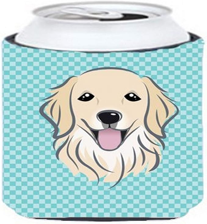 Caroline's Treasures BB1143CC Checkerboard Blue Golden Retriever Can or Bottle Hugger Cooler Washable Drink Sleeve Collapsible Beverage Insulated Holder, Can Hugger, Multicolor