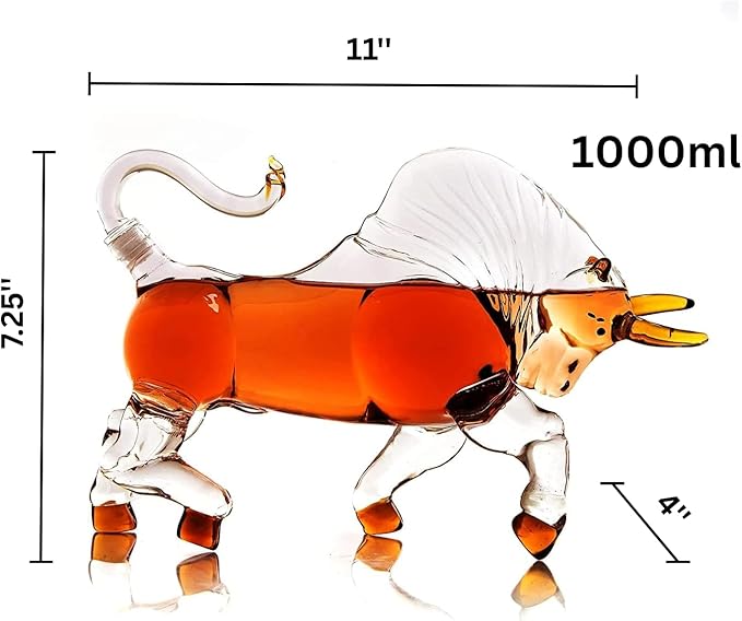 Charging Bull Decanter El Matador Wall Street Bull Charging Head Forward Animal Bullfighter Liquor Decanter for Bourbon Whiskey Scotch Zodiac Shape Clear 1000ml Dispenser Unique Bar Gift, Men Office