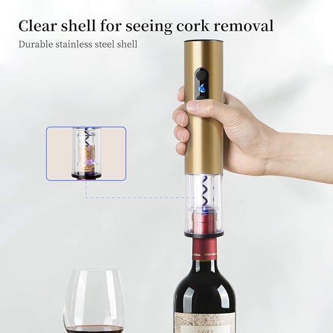 Battery Operated Electric Wine Opener by ELMWAY - Stainless Steel Electric Corkscrew with LED Light & Foil Cutter, Simple Push-Button Operation for Wine Lover (Gold, 4 x AA Not Included)