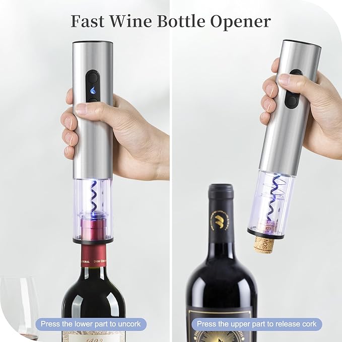 Battery Operated Wine Opener Set by ELMWAY, Stainless Steel Electric Corkscrew with Storage Base, Foil Cutter, Wine Aerator Pourer, Vacuum Stopper, LED Indicator (4 x AA Not Included)