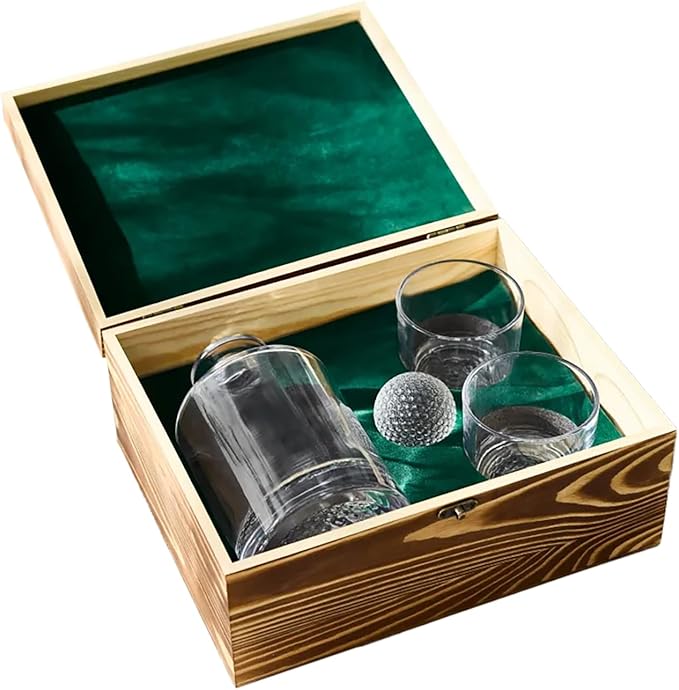 Wine Enthusiast Golf Whiskey Decanter Glasses Gift Set Box – Golf Themed Lead-Free Crystal Decanter, 2 Golf Ball Glasses Wood Box – Unique Gift for Men, Whiskey Lovers, Golfers