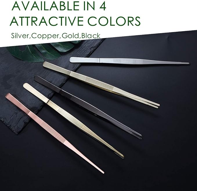 Tongs Tweezers - 12 Inch / 30cm Long Food Tongs Straight Serrated Forceps Cocktail Tweezers Bar Tool Gold