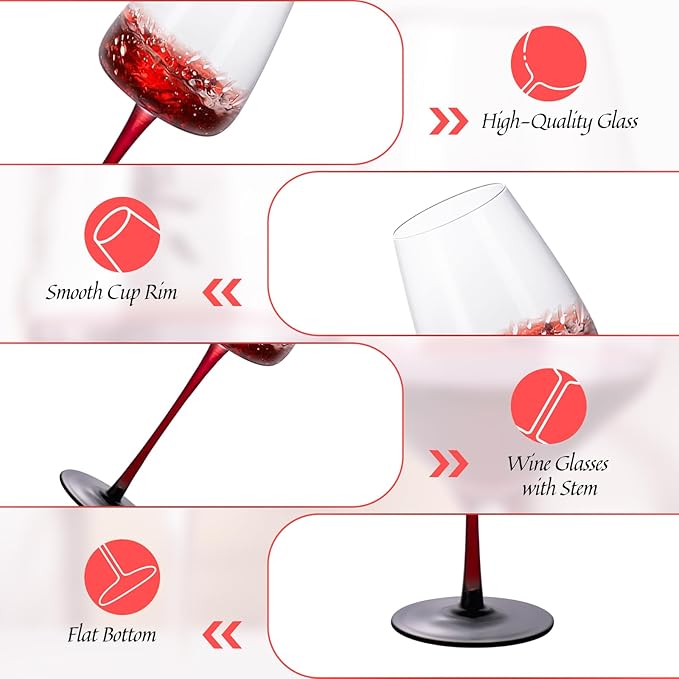 KAMMAK Wine Glasses Set of 2, 12.17 oz Hand Blown Crystal Bordeaux Wine Glasses, Thin Rim & Long Stem, Perfect for Red & White, Daily Use, Wedding or Birthday Gift with Gift Box, XH-H240 Black Base