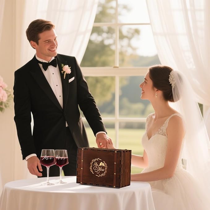 Mr & Mrs Wine Glasses Gift Set with VINTAGE Memory Box – Engagement, Wedding & Newlywed Gifts for Couples, Just Engaged Gifts for Women