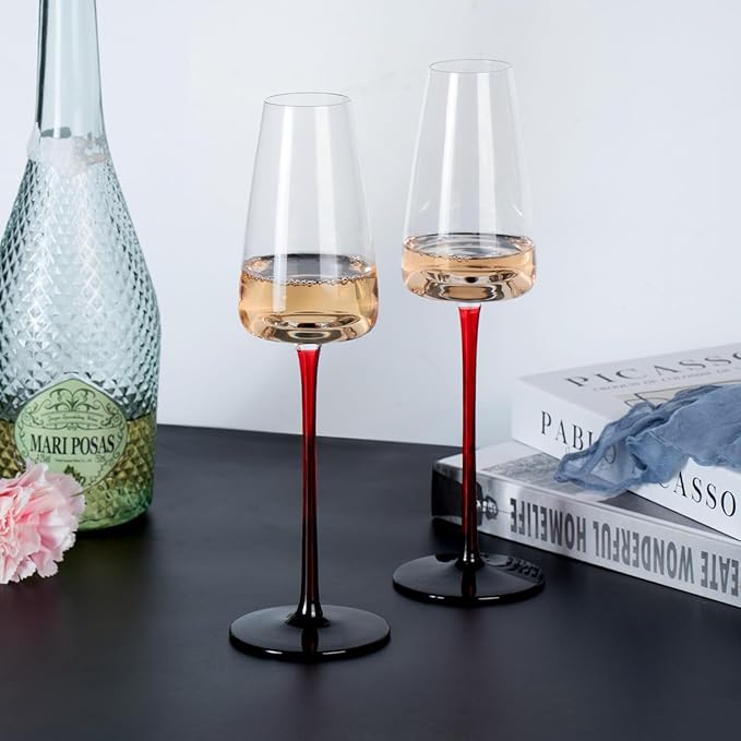 KAMMAK Wine Glasses Set of 2, 9.13 oz Hand Blown Crystal Bordeaux Wine Glasses, Thin Rim & Long Stem, Perfect for Red & White, Daily Use, Wedding or Birthday Gift with Gift Box, XH-H260 Black Base