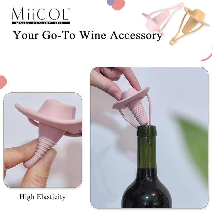 Miicol Wine Stoppers, Silicone Prosecco Stopper, Wine Bottle Stopper, Cowboy Hat Champagne Stopper, Wine Accessories, Funny Wine Lovers Gift, 2 Pack