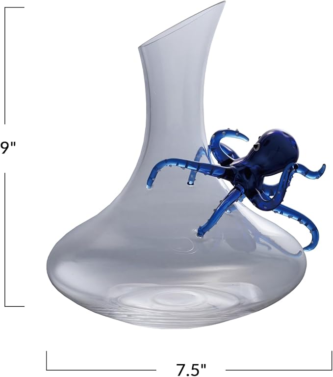 Creative Co-Op 40-Ounce Glass Decanter with Hand-Blown Octopus, Blue & White