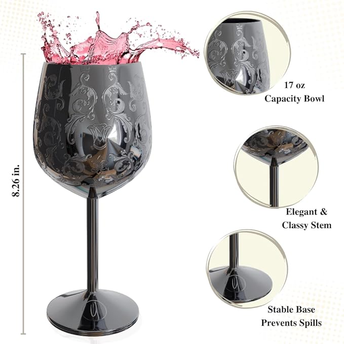 Mother’s Day Gift for Mom – Set of 2 glossy black Stainless Steel Wine Glasses, 17oz Engraved Goblets with Bottle Stopper, Unbreakable Elegant Wine Cups, Gift for Women, Wife, Mom, Sister