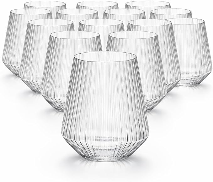 18 count origami ripple Unbreakable Stemless Plastic Wine Champagne Whiskey Glasses Elegant Durable Disposable Indoor Outdoor Ideal for Home, Office, Bars, Wedding, Ribbed 12 Ounce Cups (18, Clear)