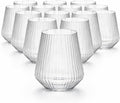 18 count origami ripple Unbreakable Stemless Plastic Wine Champagne Whiskey Glasses Elegant Durable Disposable Indoor Outdoor Ideal for Home, Office, Bars, Wedding, Ribbed 12 Ounce Cups (18, Clear)