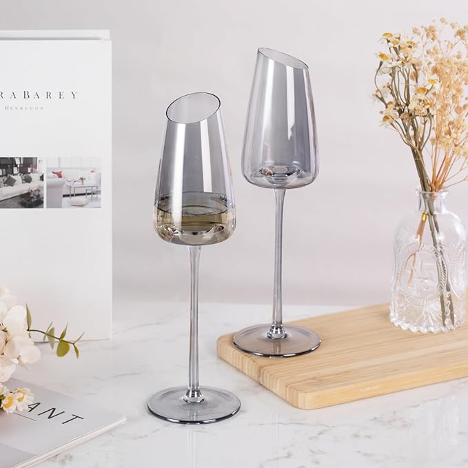 KAMMAK Wine Glasses Set of 2, 7.44 oz Hand Blown Crystal Bordeaux Wine Glasses, Thin Rim & Long Stem, Perfect for Red & White, Daily Use, Wedding or Birthday Gift with Gift Box, XH-H260 Gray