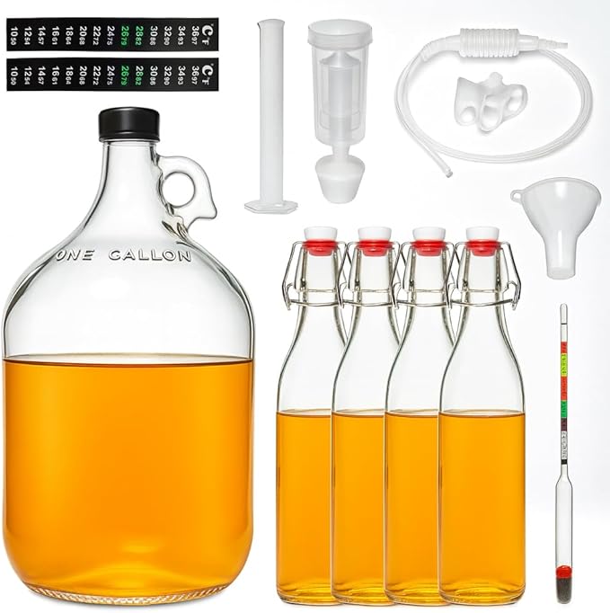 Complete Mead Making Kit for Beginners – 1 Gallon Glass Carboy Fermentation Set, Includes Airlock, Hydrometer, Auto Siphon & 4 Bottles – Easy Home Brewing Starter Kit for Mead, Wine & Fruit Wine
