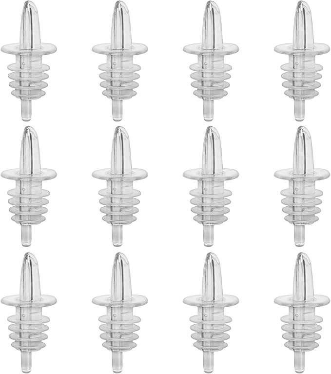 Plastic Liquor Bottle Pourers Black- 12 Pack Classic Bottle Pourers for Alcohol, Leak-Proof, Dishwasher-Safe Pour Spouts for Liquor Bottles (Clear)