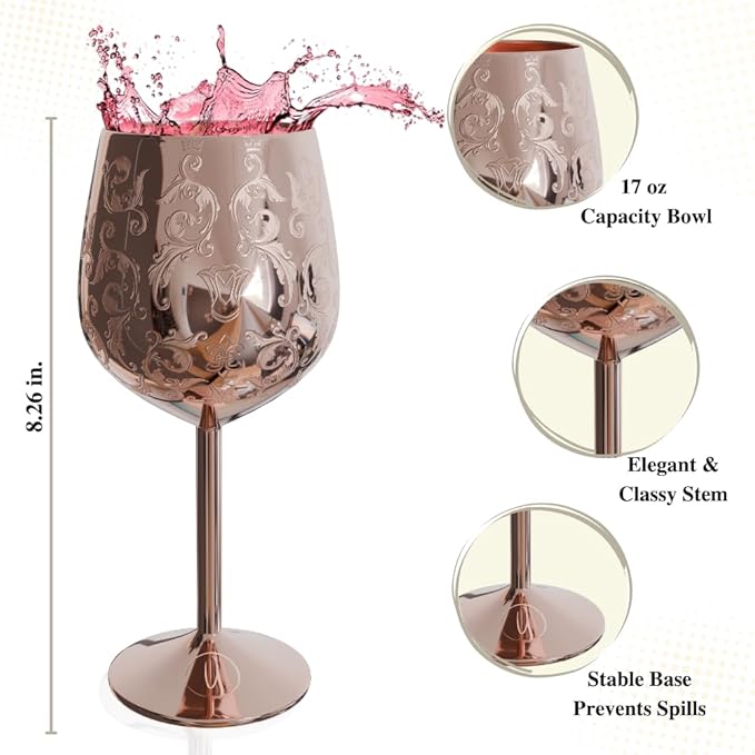 Mother’s Day Gift for Mom – Set of 2 Rose Gold Stainless Steel Wine Glasses, 17oz Engraved Goblets with Bottle Stopper, Unbreakable Elegant Wine Cups, Gift for Women, Wife, Mom, Sister