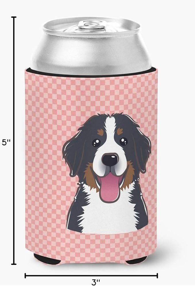 Caroline's Treasures BB1237CC Checkerboard Pink Bernese Mountain Dog Can or Bottle Hugger Cooler Washable Drink Sleeve Collapsible Beverage Insulated Holder, Can Hugger, Multicolor