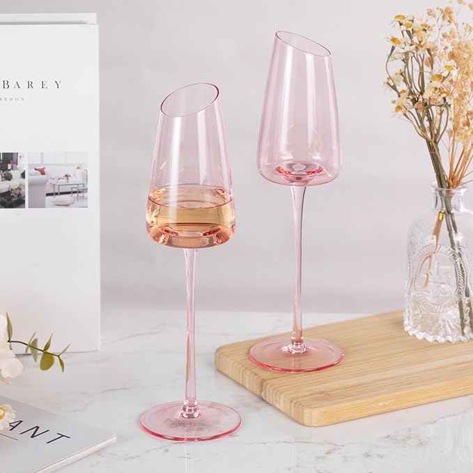 KAMMAK Wine Glasses Set of 2, 7.44 oz Hand Blown Crystal Bordeaux Wine Glasses, Thin Rim & Long Stem, Perfect for Red & White, Daily Use, Wedding or Birthday Gift with Gift Box, XH-H260 Pink