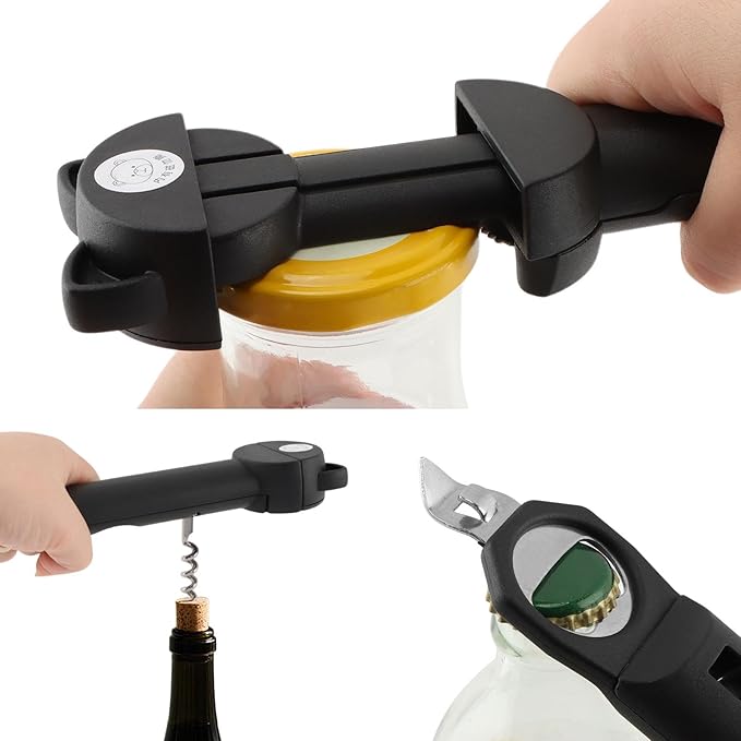Jar Opener Bottle Opener for Seniors with Arthritis: Multi Retractable Wine Bottle Openers for Weak Hand, Magnetic Manual Can Openers for Opening Jar Beer Lid, Kitchen Gadgets Tool(COLOR:Black)