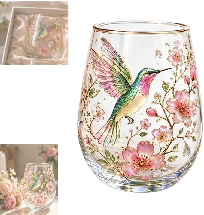 2026 Garden Hummingbird Morning Bliss Glass Tea Cup, Elegant Gold Rimmed Glassware with 14 Oz, Clear Cup for Loose Leaf, Nature Art Decorative Tumbler Gift for Women Mom Wife(Hummingbird)