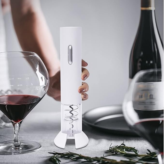 Electric Wine Opener with Foil Cutter Automatic Corkscrew for Red Wine Bottles Battery Powered Easy to Use White Finish Includes Stainless Steel Hook