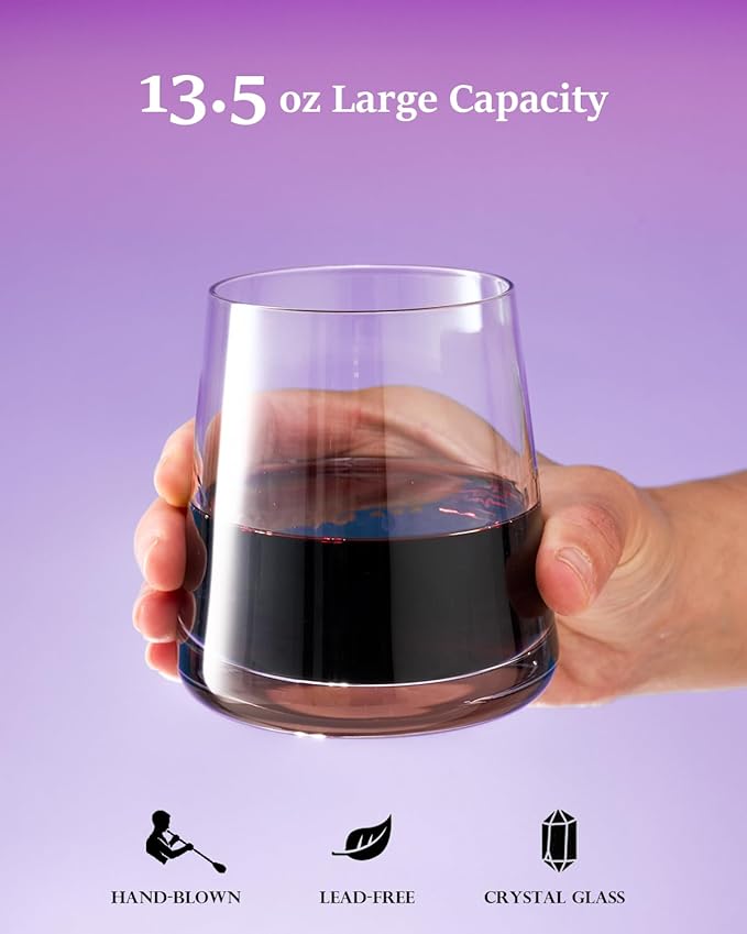 Stemless Wine Glasses Set of 4, 13.5 oz Hand-blown Whiskey Glasses for Red and White Wine, Universal Drinking Glasses for Water, Juice, Thickened Base & Dishwasher Safe, SWG-400-4