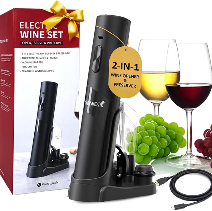 6‑in‑1 Electric Wine Opener with Charging Base — Auto Corkscrew Bottom + Automatic Wine Saver Top | Perfect Wine Gift & Ideal Father’s Day Gifts