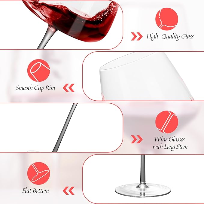 KAMMAK Wine Glasses Set of 2, 25.36 oz Hand Blown Crystal Bordeaux Wine Glasses, Thin Rim & Long Stem, Perfect for Red & White, Daily Use, Wedding or Birthday Gift with Gift Box, SD-BL23176
