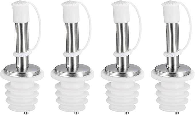 uxcell Stainless Steel Bottle Pourers, 4Pcs 75mm/2.95" Olive Oil Spout with Rubber Dust Caps, Wine Pourers Liquor Pour Spouts for Pours Liquid, Wine, Vinegar, Most Liquor Bottles (White)